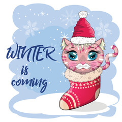 Cute cartoon cat in a Santa hat on a background of snow. Winter 2023, Christmas and Chinese New Year.