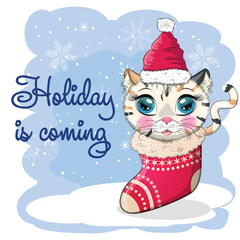 Cute cartoon cat in a Santa hat on a background of snow. Winter 2023, Christmas and Chinese New Year.