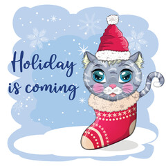 Cute cartoon cat in a Santa hat on a background of snow. Winter 2023, Christmas and Chinese New Year.