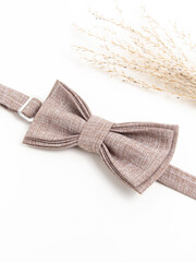 Brown bow tie on white background. Bow tie for the groom, school uniform. Male or female accessory