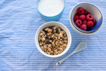 Granola with raspberries and greek yogurt in a bowl on white marble table background. Top view, flat lay, copy space. Healthy breakfast concept.