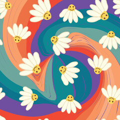 Fototapeta na wymiar Retro Smile Chamomile Seamless Pattern on 1970 Wavy Swirl Seamless Pattern. Hippie Aesthetic.