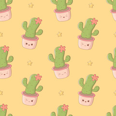 Kawaii seamless pattern with cactuses with funny faces. Cute print for phone case, backgrounds, fashion, wrapping paper and textile. Vector Illustration