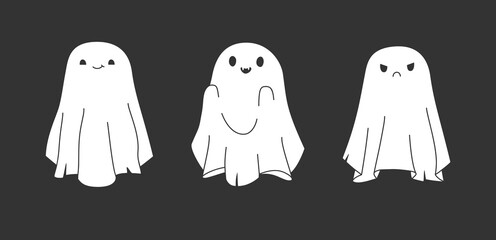 Hand drawn cute cartoon illustration of ghosts set. Flat vector Halloween spooky characters sticker in simple colored doodle style. Happy and evil spirit icon or print. Isolated on background.