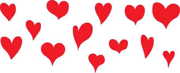 Cartoon red hand drown hearts on a white background. Doodle hearts collection design.