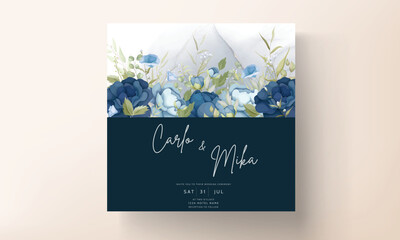 Hand drawn blue peony flowers wedding invitation