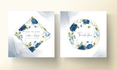 Hand drawn blue peony flowers wedding invitation