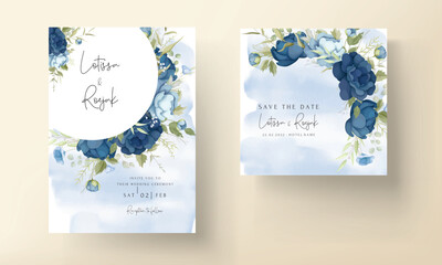 Naklejka na ściany i meble Hand drawn blue peony flowers wedding invitation