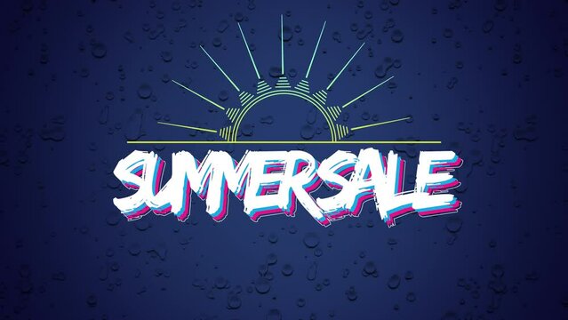 Summer Sale with sun rays and drops of water, motion promotion, summer and retro style background
