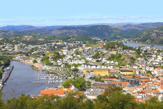 View to the city of Egersund and the Marina, Norway
