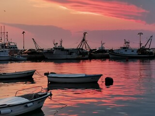 Bateaux p&ecirc;cheur sur couch&eacute; de soleil a Umag .