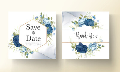 Hand drawn blue peony flowers wedding invitation