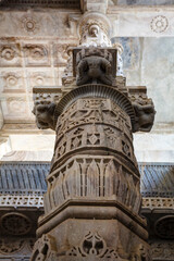 Marble column carved with a beautiful pattern in the Jain temple Adinatha temple in Ranakpur, Rajasthan, India, Asia