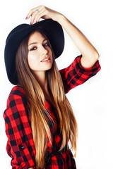 young pretty brunette girl hipster in hat on white background casual close up dreaming smiling