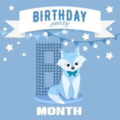 Birthday party invitation for the boy's eighth month birthday with little fox, stars and flags. Children's 8 month party. Blue color pallete.  Square format.  Flat illustration.