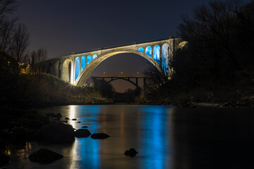 Solkan Railway Stone Bridge in Night illumination