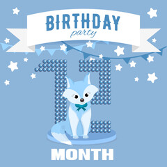 Birthday party invitation for the boy's twelfth month birthday with little fox, stars and flags. Children's 12 month party. Blue color pallete.  Square format.  Flat illustration.
