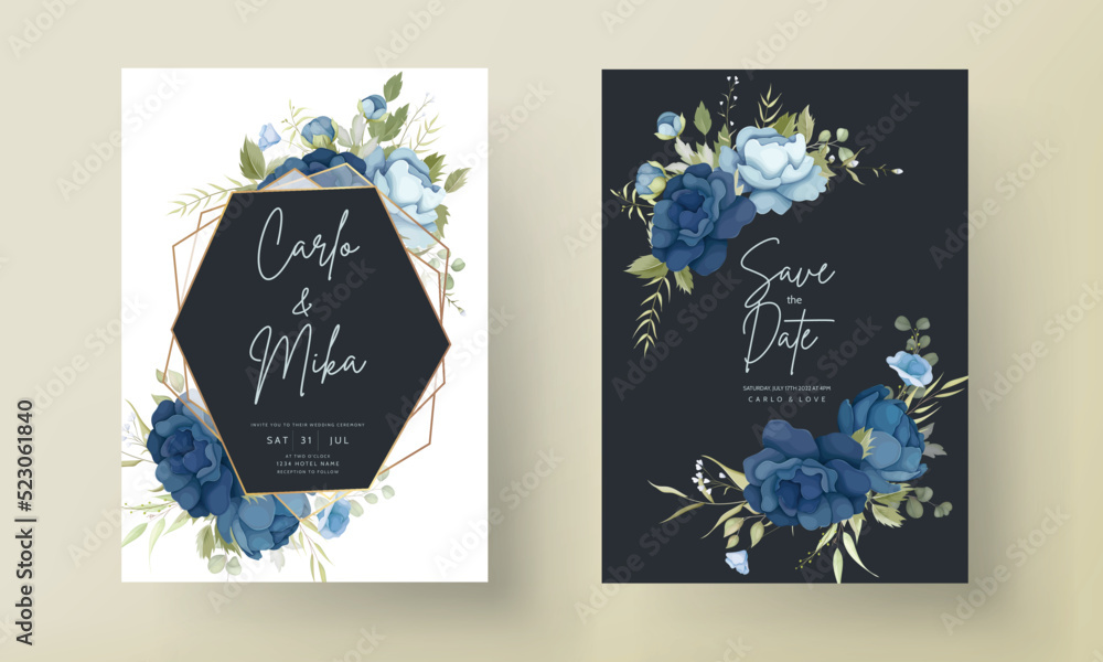 Wall mural blue floral wedding invitation card set