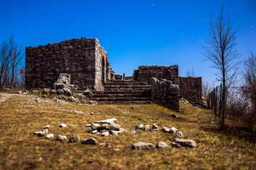 Night Full Moon view of Ruins of Saint Valentin Church on Sabotin Hill - Nova Gorica Slovenia - obrazy, fototapety, plakaty