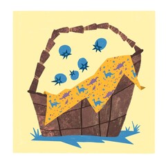 cute illustration with a basket and blueberries on a yellow background.. You can use it as a postcard, sticker or illustration for clothes, books, magazines	
