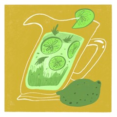 illustration of lime lemonade on a mustard background. You can use it as a postcard, sticker or illustration for clothes, books, magazines	
