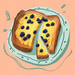 illustration of toast with butter and blueberries. You can use it as a postcard, sticker or illustration for clothes, books, magazines	