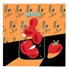 illustration with a bottle of red tomatoes.  You can use it as a postcard, sticker or illustration for clothes, books, magazines	