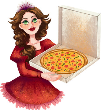 Illustration of a waitress girl in a red dress beautiful pizza delivery