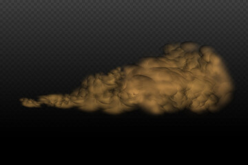 A cloud of brown dust and sand with particles of flying dry sand and dirt.Trace on a dusty road or highway from a car.Clubs of dark smoke.Realistic illustration on a transparent background.