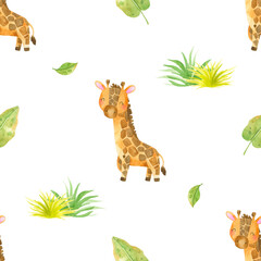 Watercolor seamless pattern with cute giraffe and greenery. Simple background for baby textile, design. Seamless pattern for babies.