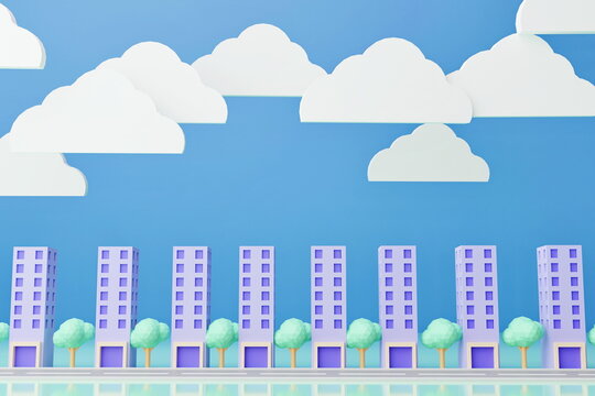 The city buildings line the streets in front and the clouds in the sky, 3D render, pastel color, cartoon style black drop, background