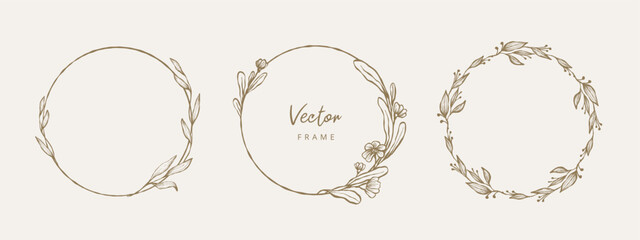 Hand drawn floral frames with flowers, branch and leaves. Wreath. Elegant logo template. Vector illustration for labels, branding business identity, wedding invitation