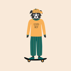 Cute dog on a skateboard in a yellow cap and long sleeve "GOOD BOY" hand drawn vector illustration. Funny isolated animal character in flat style for kids alphabet. The letter "D".