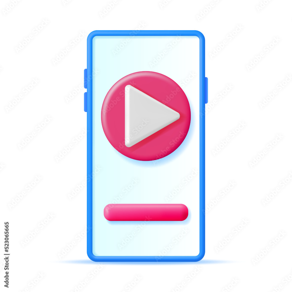 Poster 3d play button on smartphone screen isolated. render red circle with white triangle. simple icon of 