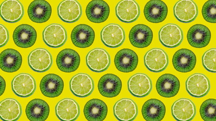 Colorful pattern of ripe lime and kiwi slices on a yellow background.