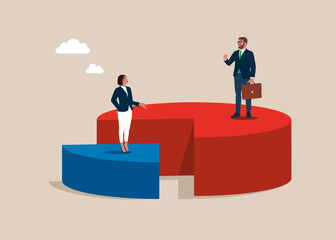 Obraz premium Businessman and businesswoman in suits with briefcase standing on pie chart. Economic financial share profit. Market share business. Competing. Vector illustration flat design. 