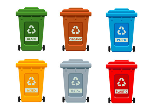 Containers or recycle bins for plastic, glass, paper, metal, mixed and organic trash. Separate garbage set. Dumpsters of different colors isolated on white. Vector illustration.