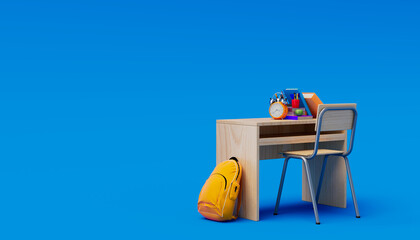 School desk with school accessory and  backpack on a colored background. 3D Rendering