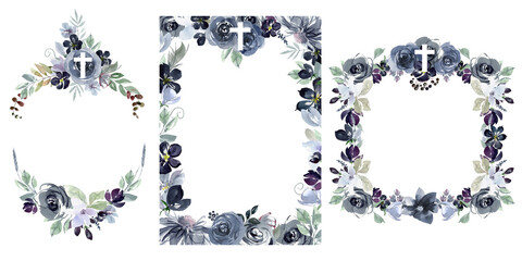 Set of watercolor religious wreaths and frames of flowers and leaves with crosses.  Easter holiday backgrounds with cream, for baptism, first communion, birthday, bible phrases
