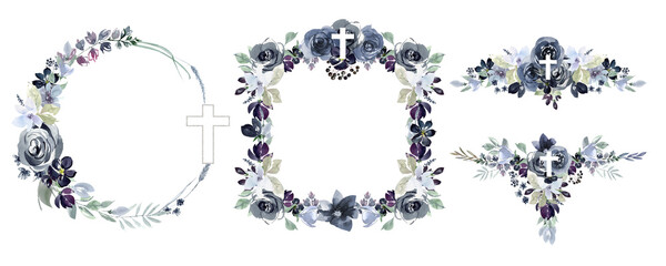 Set of watercolor religious wreaths and frames of flowers and leaves with crosses.  Easter holiday backgrounds with cream, for baptism, first communion, birthday, bible phrases
