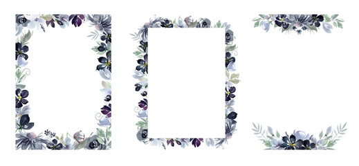 watercolor frames and wreaths of abstract dark flowers and leaves.  Dark rose, dusty flowers.  Arrangements on white background, wedding decoration, greeting cards