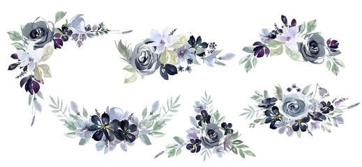 watercolor frames and wreaths of abstract dark flowers and leaves.  Dark rose, dusty flowers.  Arrangements on white background, wedding decoration, greeting cards