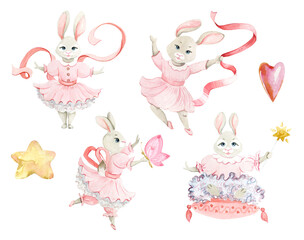 Cute little rabbits, children's illustration of fairy bunnies, bunny in pink, children's toys, baby animal, girly, boy first birthday, greeting cards, invitation.  children's party decoration, 