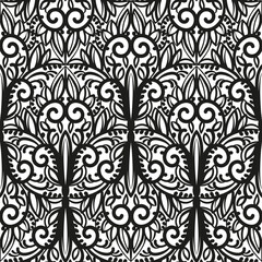 Classic symmetrical floral ornament. Black curls and patterns on a white background. Seamless texture silhouette for the mask. Graphic vector drawing.