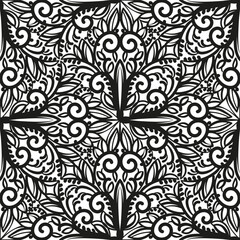 Classic symmetrical floral ornament. Black curls and patterns on a white background. Seamless texture silhouette for the mask. Graphic vector drawing.