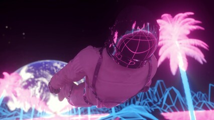 Fototapeta premium Astronaut surrounded by flashing neon lights. Retro 80s style synthwave background. 3d illustration