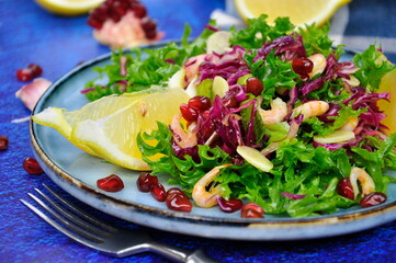 Delicious fresh salad with prawns and pomegranate.