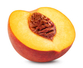 Peaches isolated. One half of a peach on a white background. Fresh fruits.