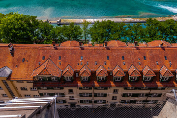 Swiss roof tile technique. Residential houses on Aastrasse, Bern, Switzerland.