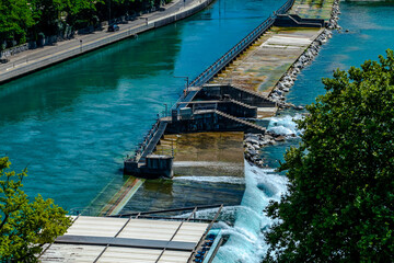 Floodgates or flood locks on the river Aare in Bern, Switzerland to regulate the water flow.
